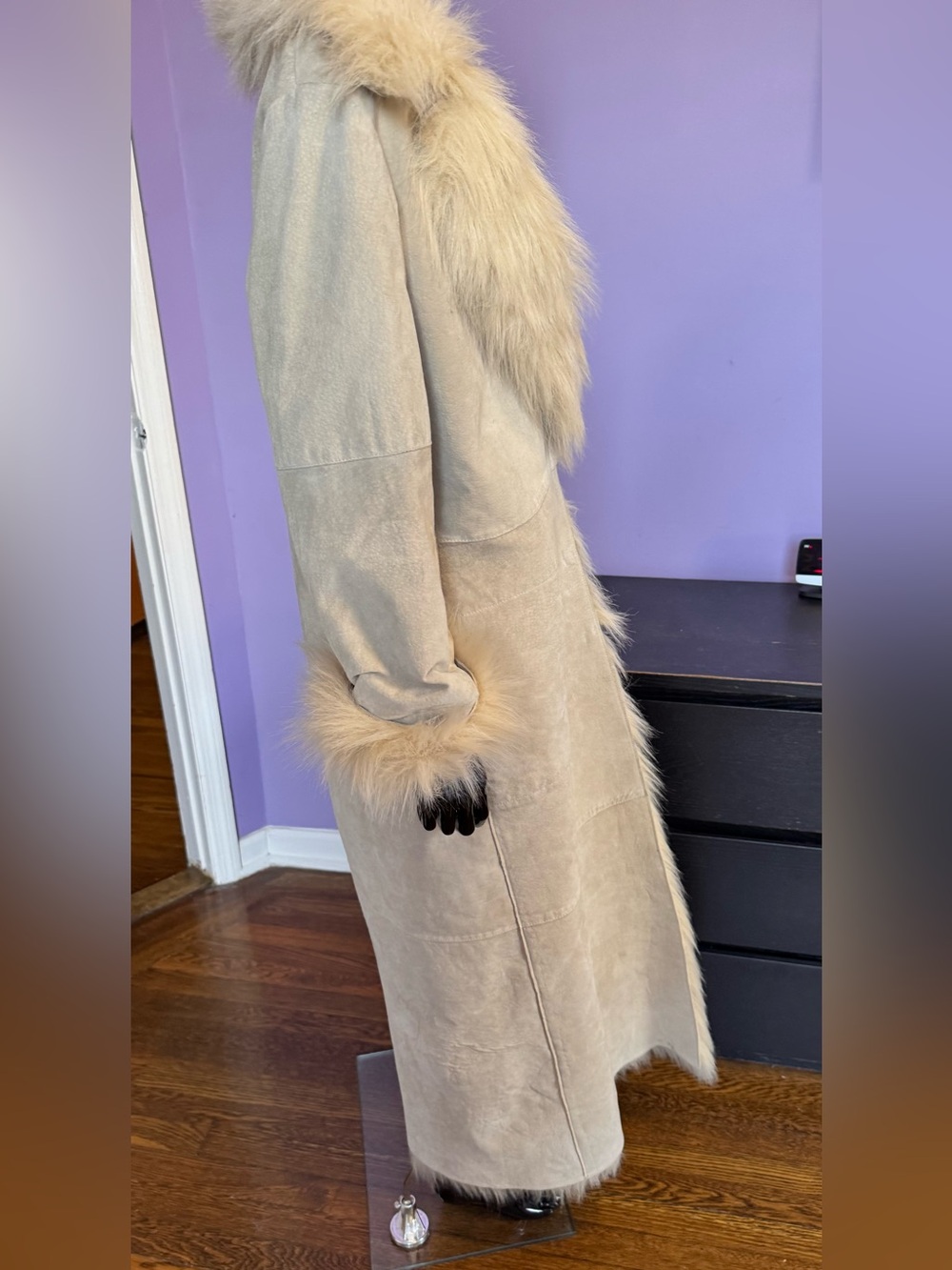 Ivory sheepskin shearling fur coat leather faux fur trim size small - Picture 8 of 16